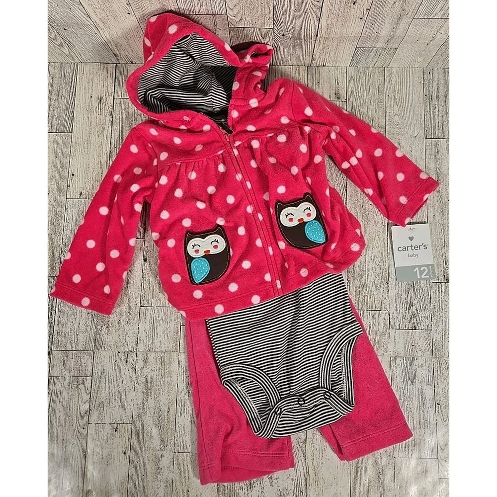 Carter's Fleece Cardigan Pant Set 12 month Infant Owls Polka Dot Girls NEW
